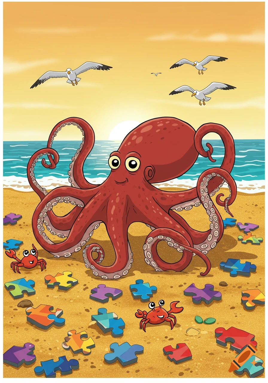 A cartoon octopus and two crabs on a sunny beach, surrounded by colorful jigsaw puzzle pieces.