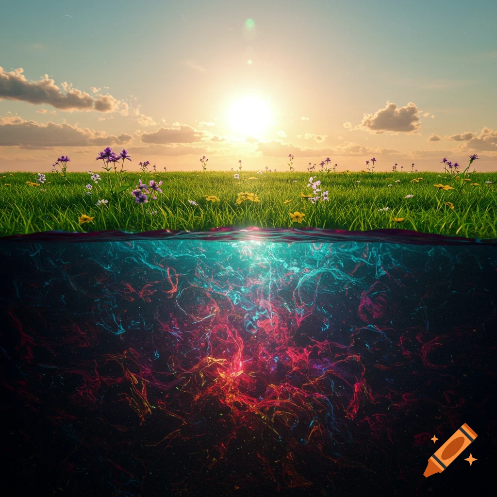 A split image showing a vibrant green field with wildflowers under a sunny sky above, and a dark, glowing, ethereal realm filled with red and blue light below.