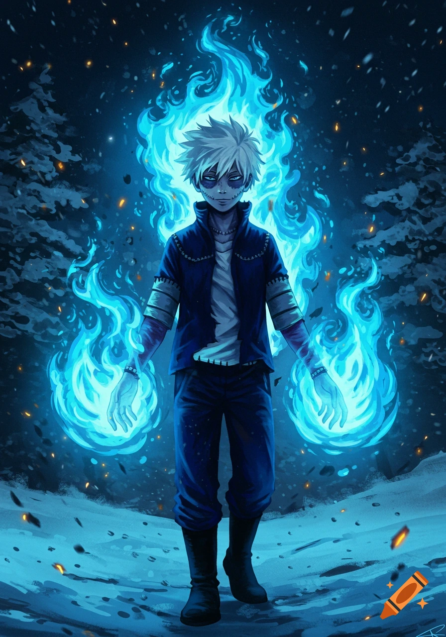 Anime character with white spiky hair, scarred face, and dark clothes, wreathed in bright blue flames, stands in a dark snowy forest.
