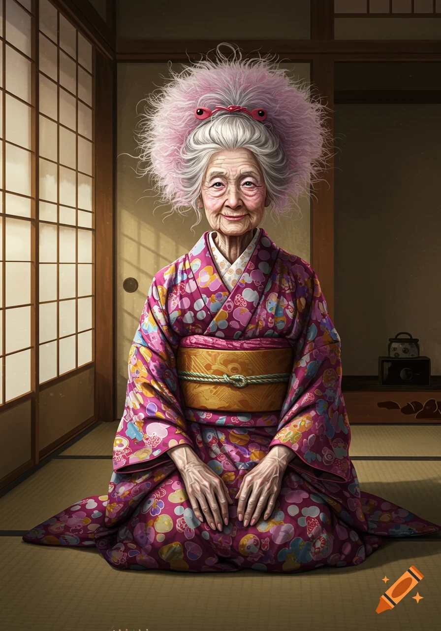 An elderly Japanese woman with a fluffy pink hairstyle, wearing a colorful kimono, kneels in a traditional Japanese room.