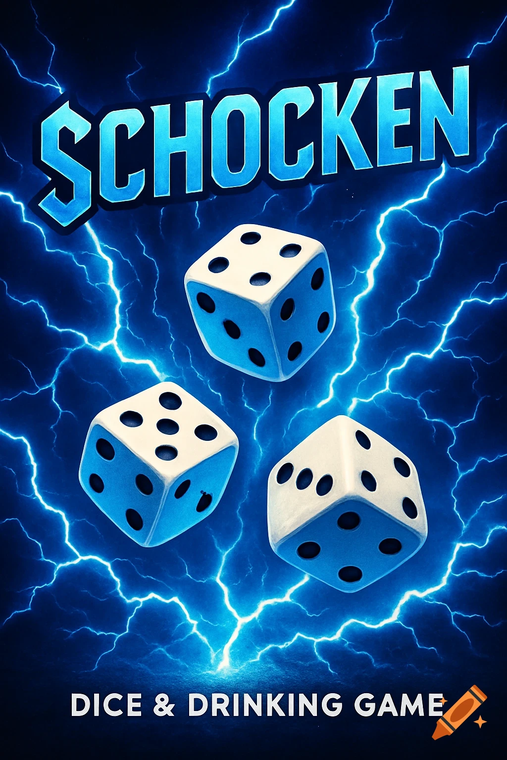 Game cover for 'SCHOCKEN' with three white dice, blue dots, and electric blue lightning on a dark background. Text reads 'DICE & DRINKING GAME'.
