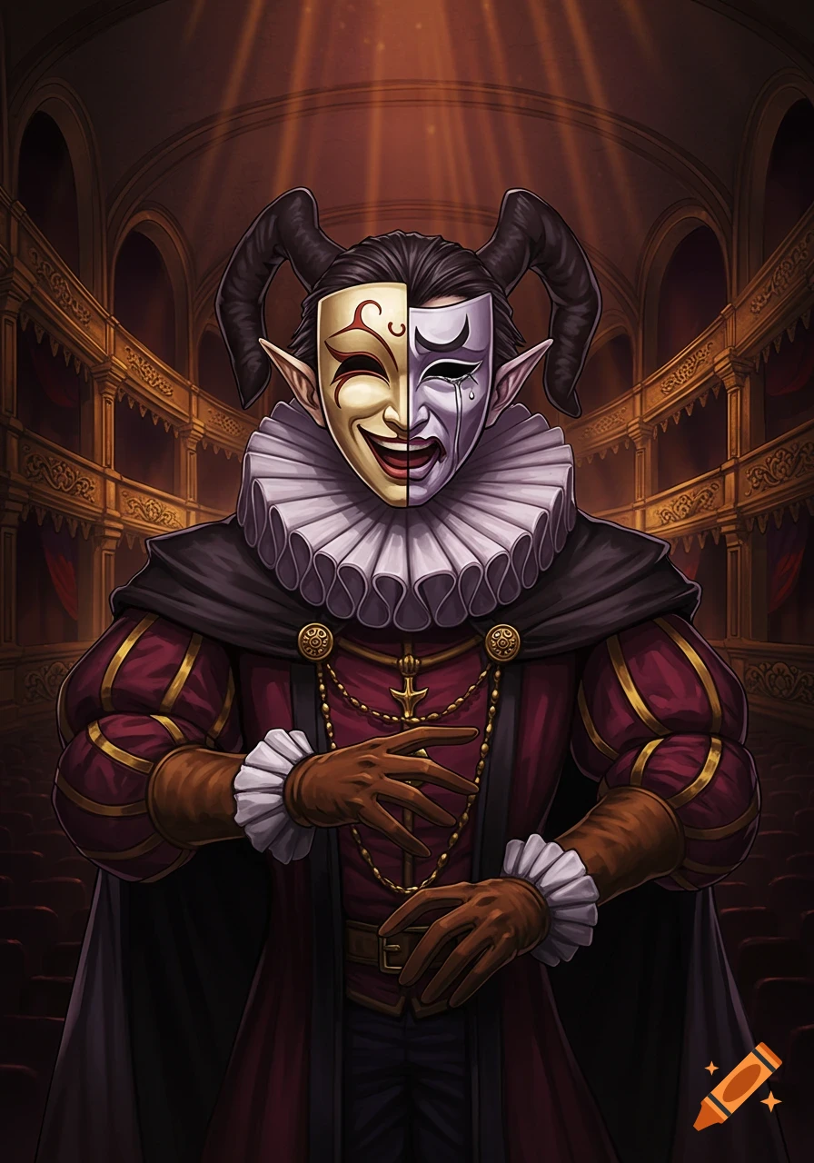 A fantastical horned Renaissance actor wears a split mask, half smiling and half crying, an elegant ruffled robe, and gloves, in a theater.