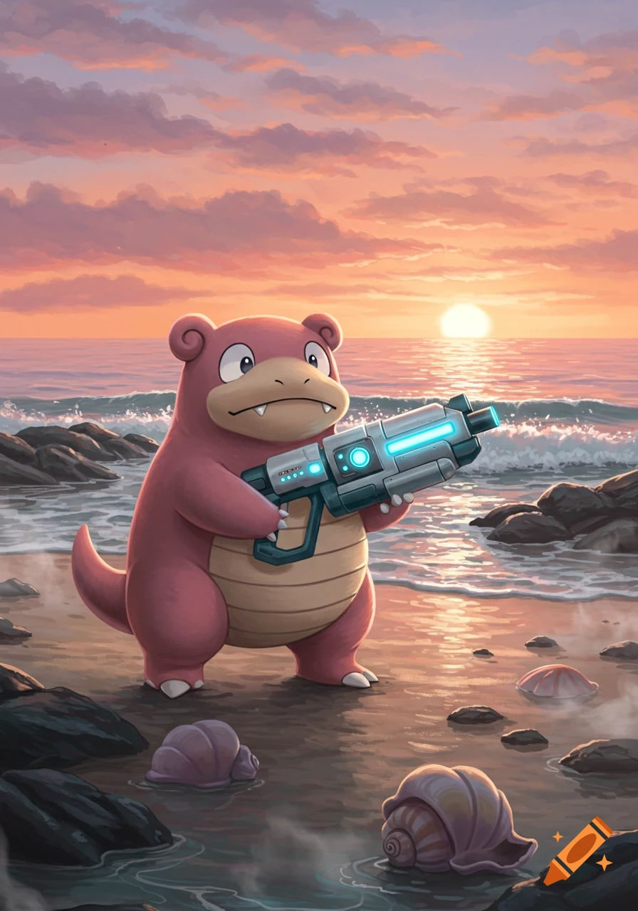 A pink Slowbro holding a glowing blue sci-fi gun stands on a sandy beach with shells at sunset, waves gently crashing.