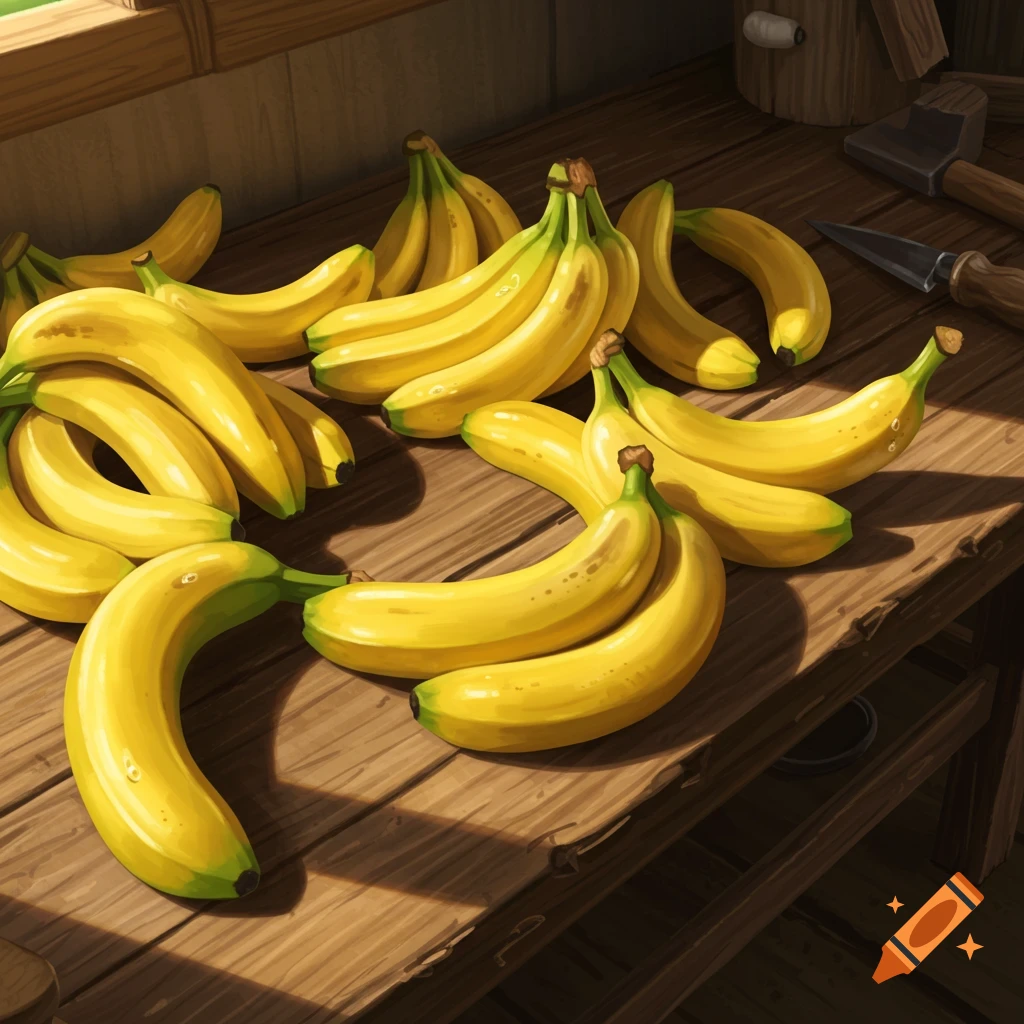 Bright yellow bananas piled on a rustic wooden table with tools, depicted in a painterly style.