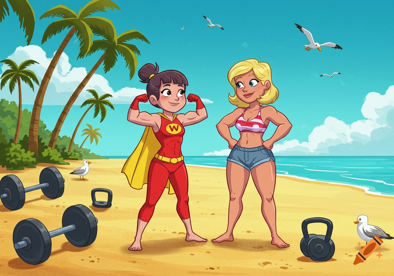 Cartoon of Wordgirl and her muscular mom flexing on a sunny beach with palm trees, weights, and seagulls.