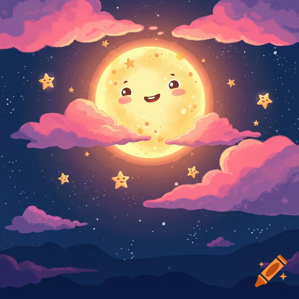 Cheerful cartoon full moon with a smiling face surrounded by happy stars and pink clouds in a dark night sky.