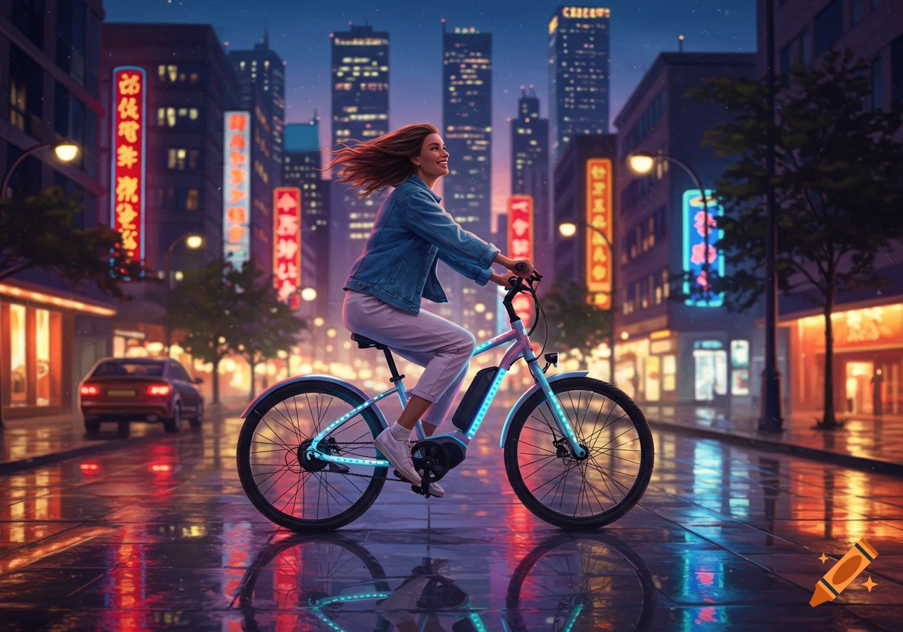 A smiling woman rides a glowing e-bike on a wet city street at night, illuminated by neon signs and reflections.