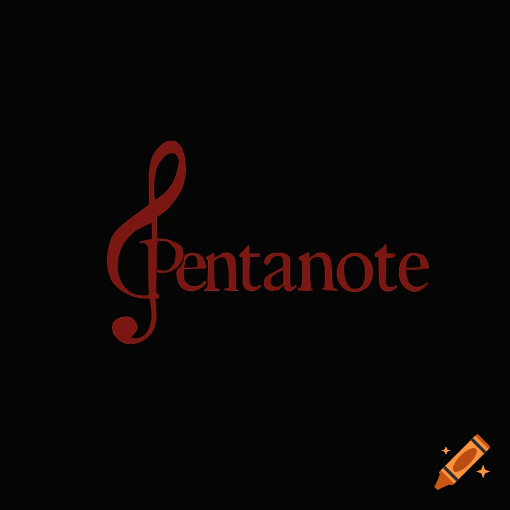 Dark red treble clef and the word 'Pentanote' in a matching font, on a solid black background, forming a music logo.