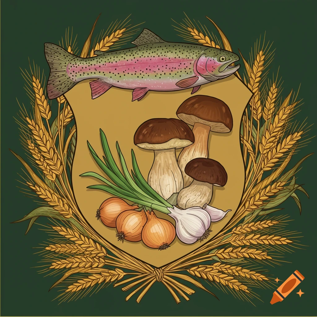 An illustration of a rainbow trout, boletus mushrooms, onions, and garlic on a shield surrounded by barley.