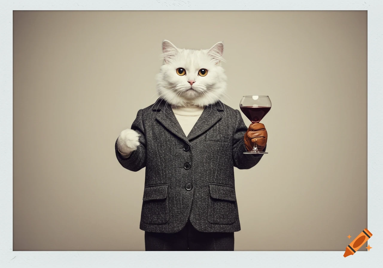 A fluffy white cat wearing a tweed blazer and leather glove holds a glass of red wine against a plain background.