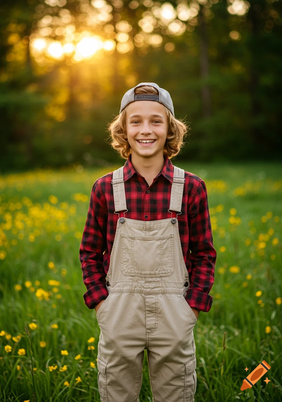 A smiling boy with wavy blonde hair and a backward gray cap stands in a sunny meadow filled with yellow flowers, wearing a plaid shirt and overalls. Photorealistic.