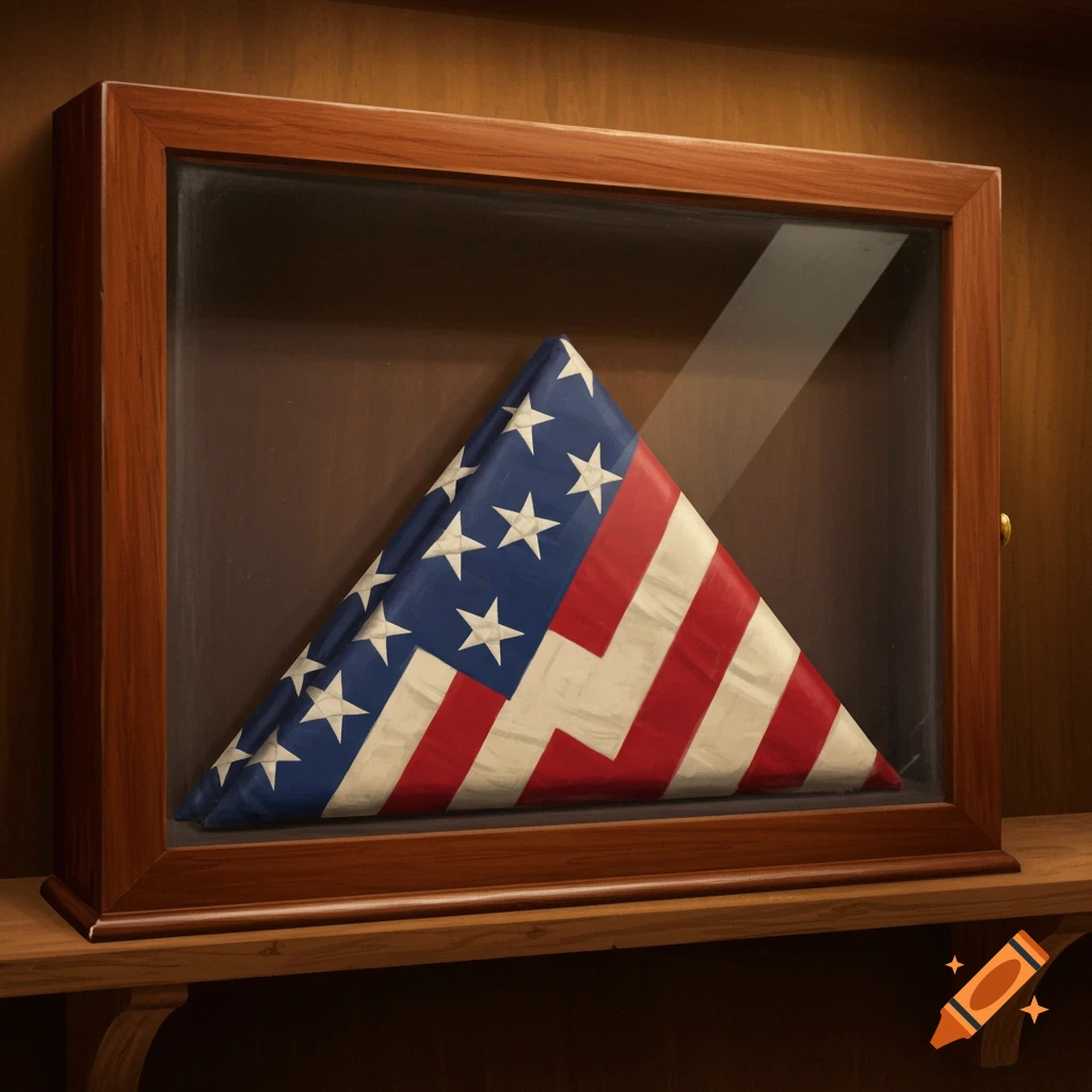 Folded American flag in a wooden display case, sitting on a wooden shelf.