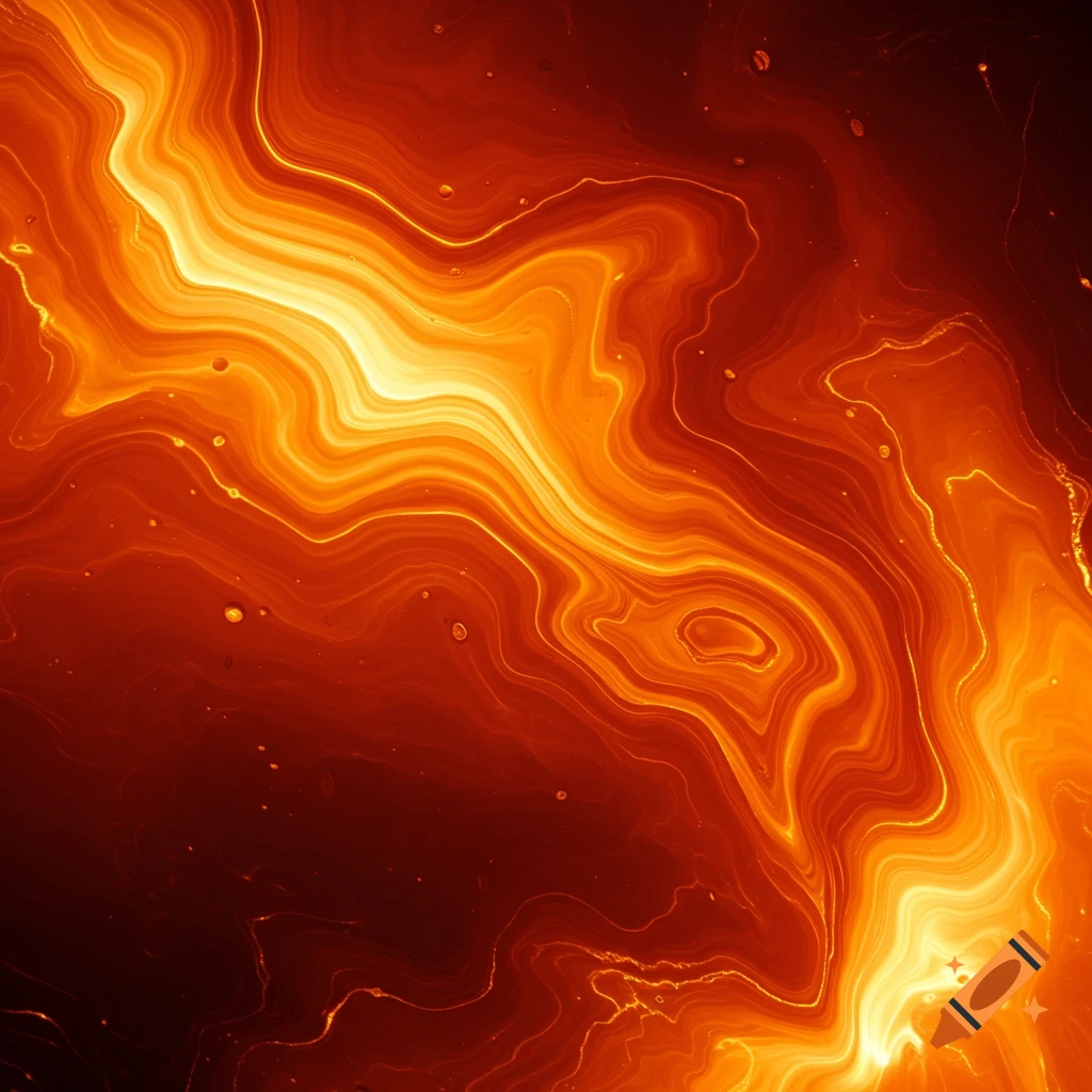 Abstract swirl of molten orange, yellow, and red patterns with fluid, wavy lines.