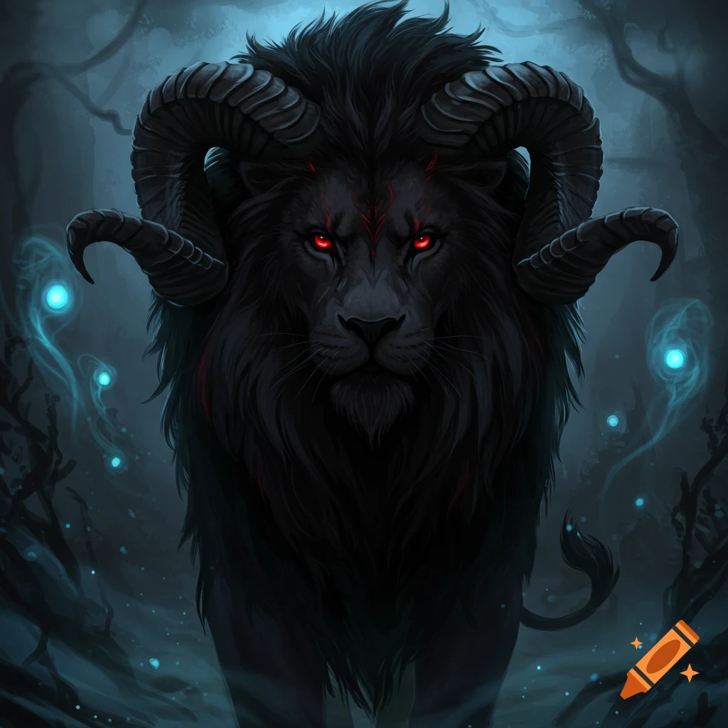 A dark, ominous lion with glowing red eyes and large curled ram horns stands in a mystical, shadowy forest with blue glowing orbs.