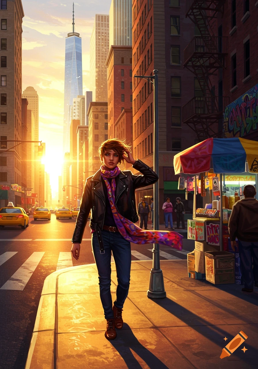 A person in a leather jacket and colorful scarf walks across a crosswalk at sunset in a bustling city, with tall buildings and taxis in the background.