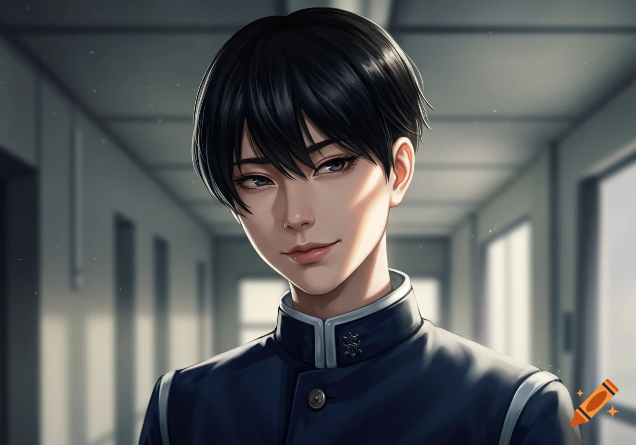 An anime-style portrait of a young man with short black hair and a dark blue school uniform, smiling gently in a school hallway.