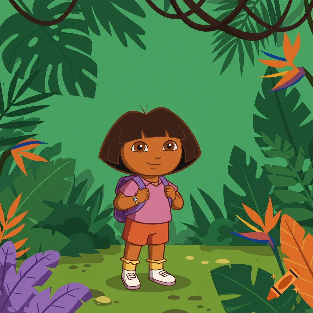 Cartoon of Dora the Explorer with a purple backpack, standing in a vibrant green jungle with tropical plants.