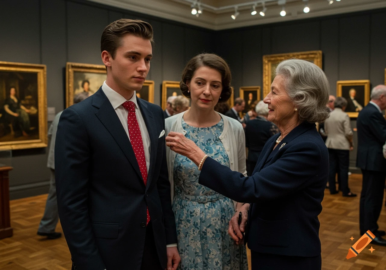 Older woman adjusts a young man's red tie while a woman in a floral dress stands beside them in an art gallery.