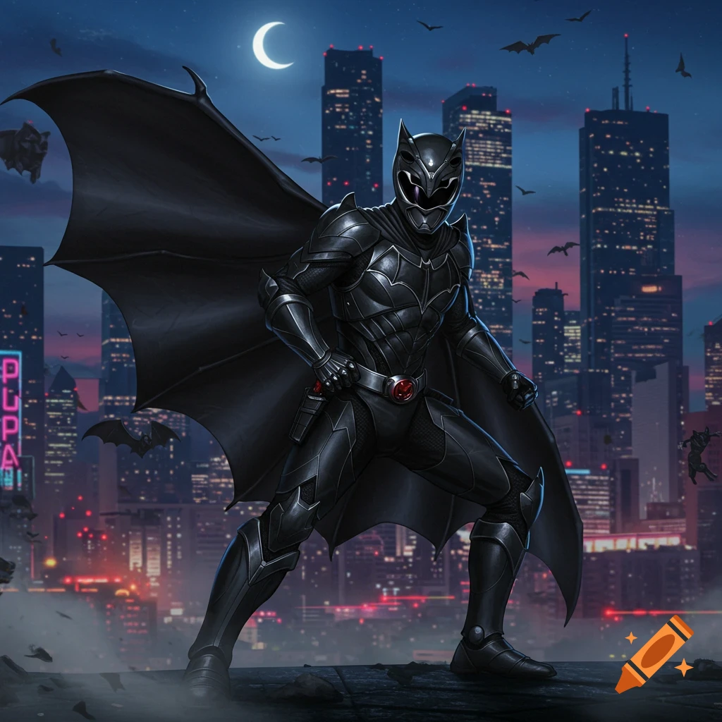 A dark armored superhero, a blend of Batman and Power Ranger, stands on a rooftop overlooking a neon-lit city at night under a crescent moon. Bats fly in the background.