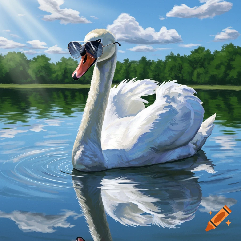 An illustrated white swan wearing sunglasses swims in a lake on a sunny day with trees in the background.
