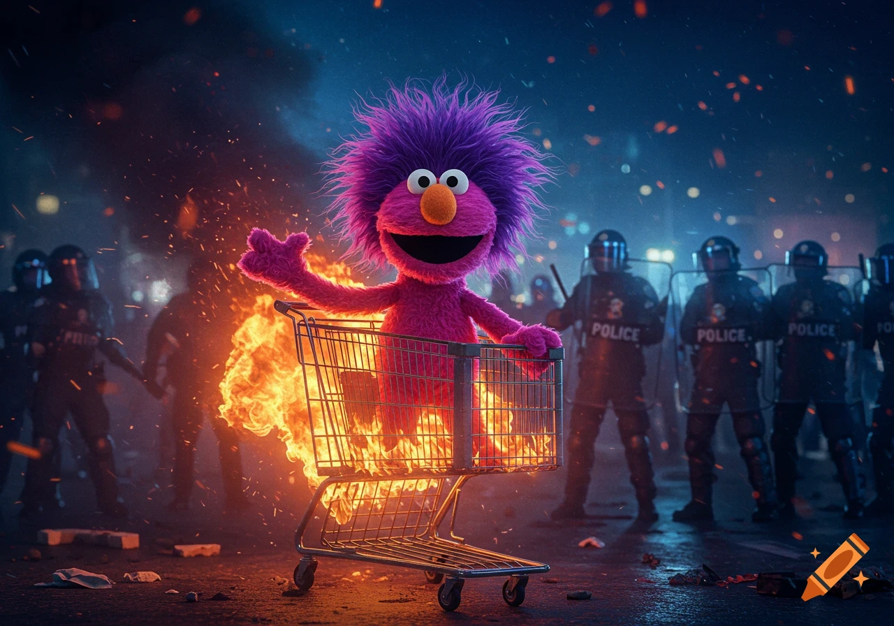 Purple furry Elmo-like character with wild hair in a flaming shopping cart, waving, with riot police in a smoky, fiery urban scene.