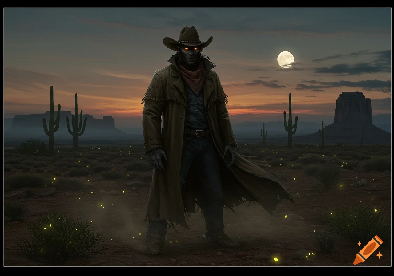 A werewolf cowboy in a duster coat and hat stands in a desert at dusk under a full moon, with saguaro cacti and glowing lights.