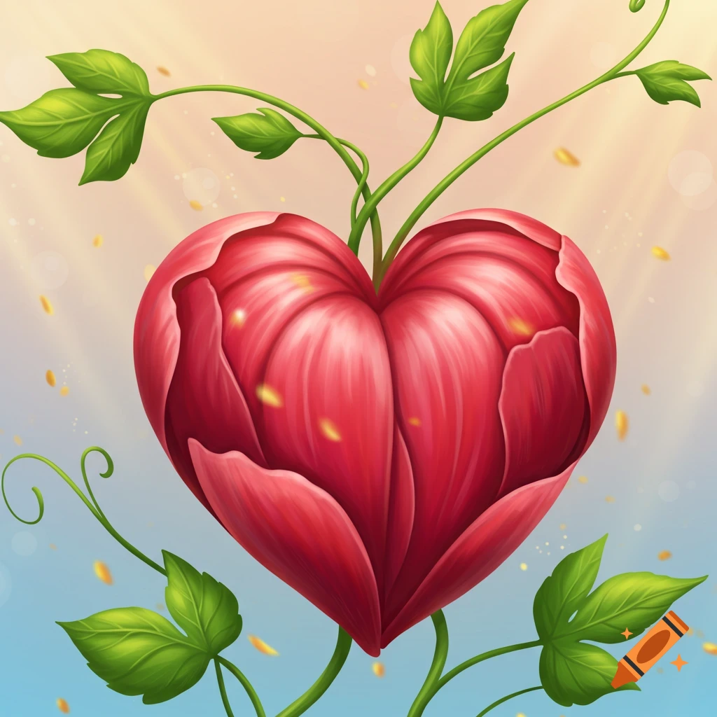 A vibrant red heart-shaped flower blooms from green vines and leaves, set against a soft yellow and blue sky with falling petals.