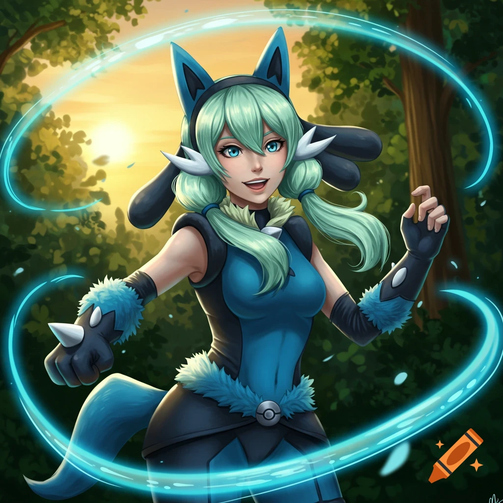 Anime illustration of a smiling woman with mint green hair in a blue and black Lucario costume, with glowing blue energy rings in a forest.