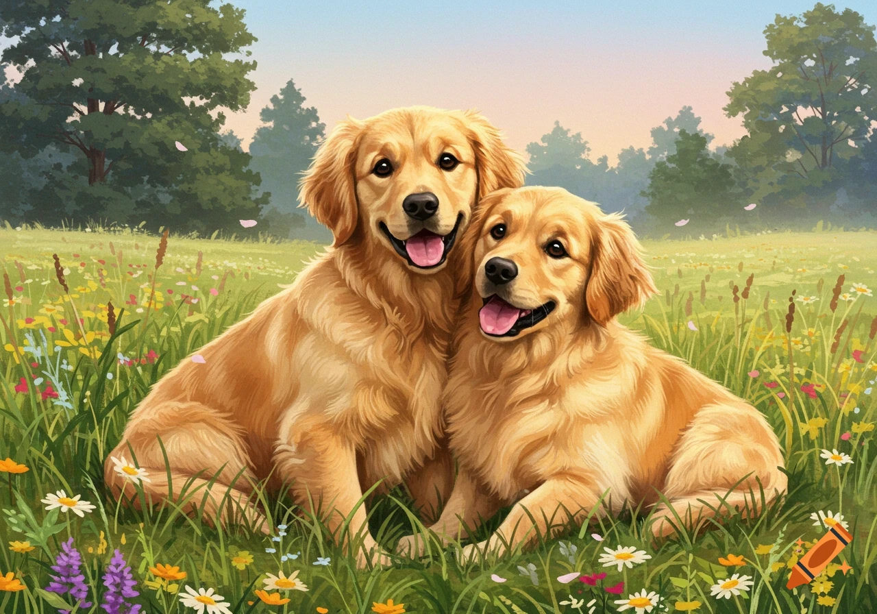 Two happy golden retrievers sit side-by-side in a sunny field filled with colorful wildflowers, depicted in an illustrative style.