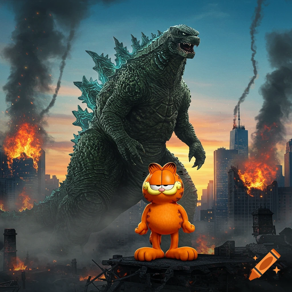 Godzilla and Garfield stand in a burning, ruined city under a vibrant sky.