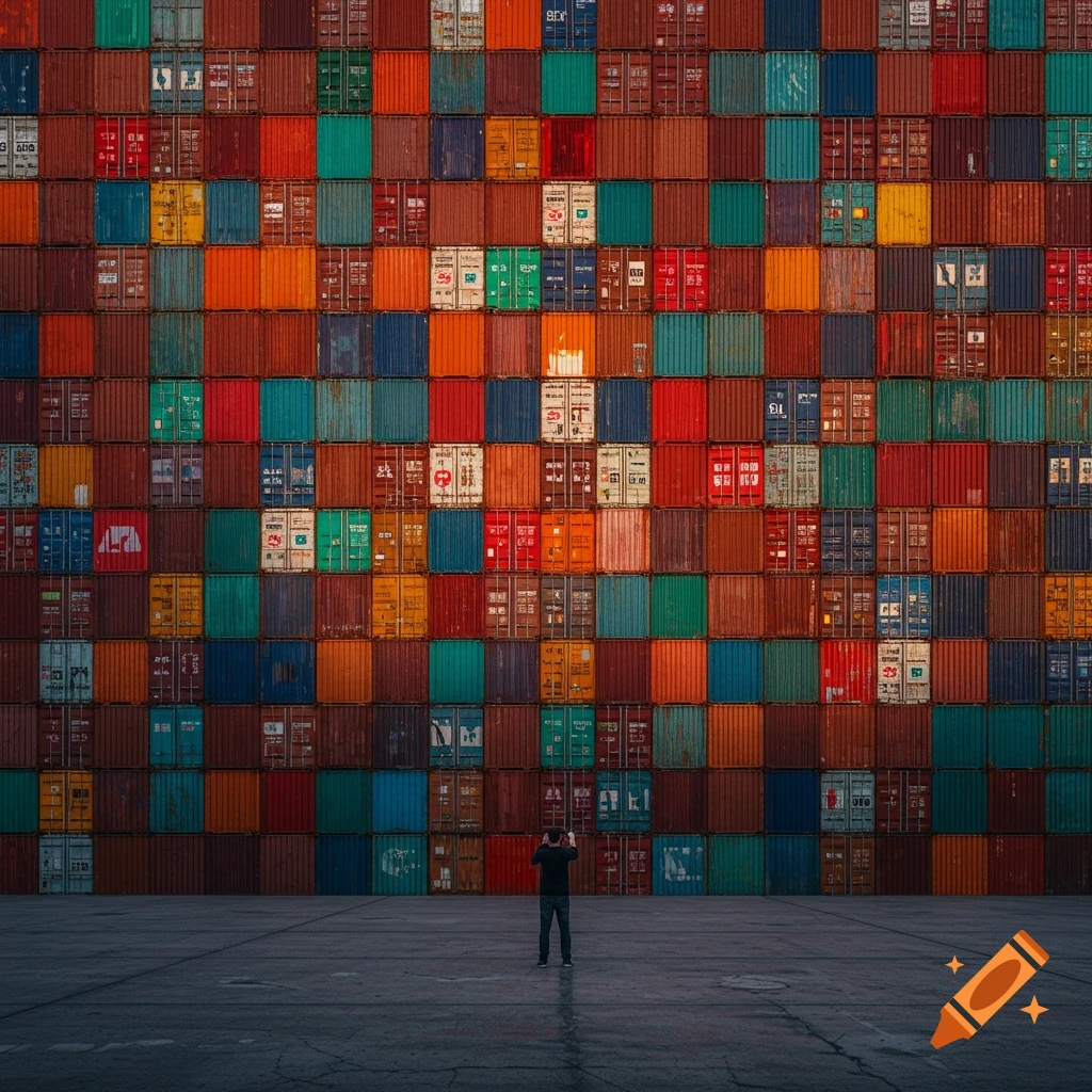 A person stands on a vast concrete lot, looking up at an immense wall of colorful, stacked shipping containers under a cloudy sky. Photorealistic.