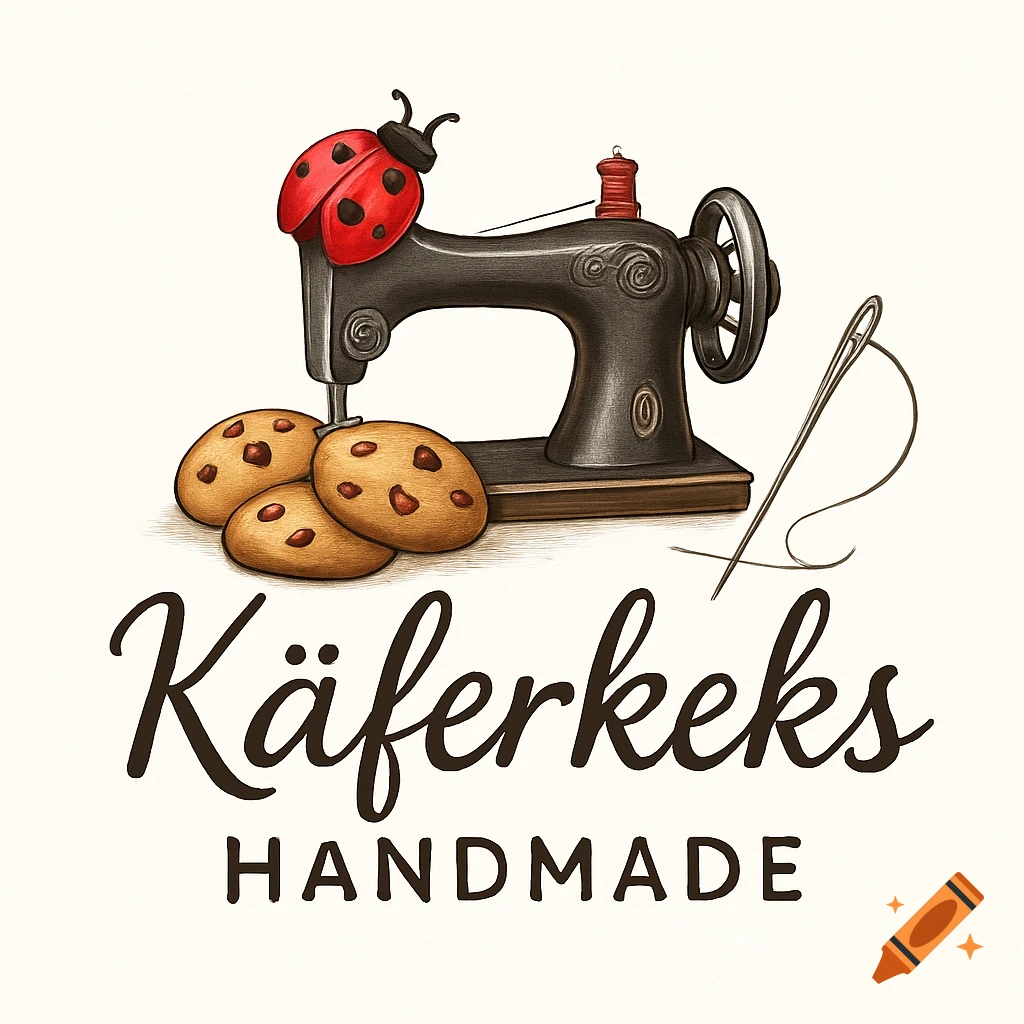 An illustrated logo featuring a red ladybug on a vintage sewing machine, three cookies, and text 'Käferkeks HANDMADE'.