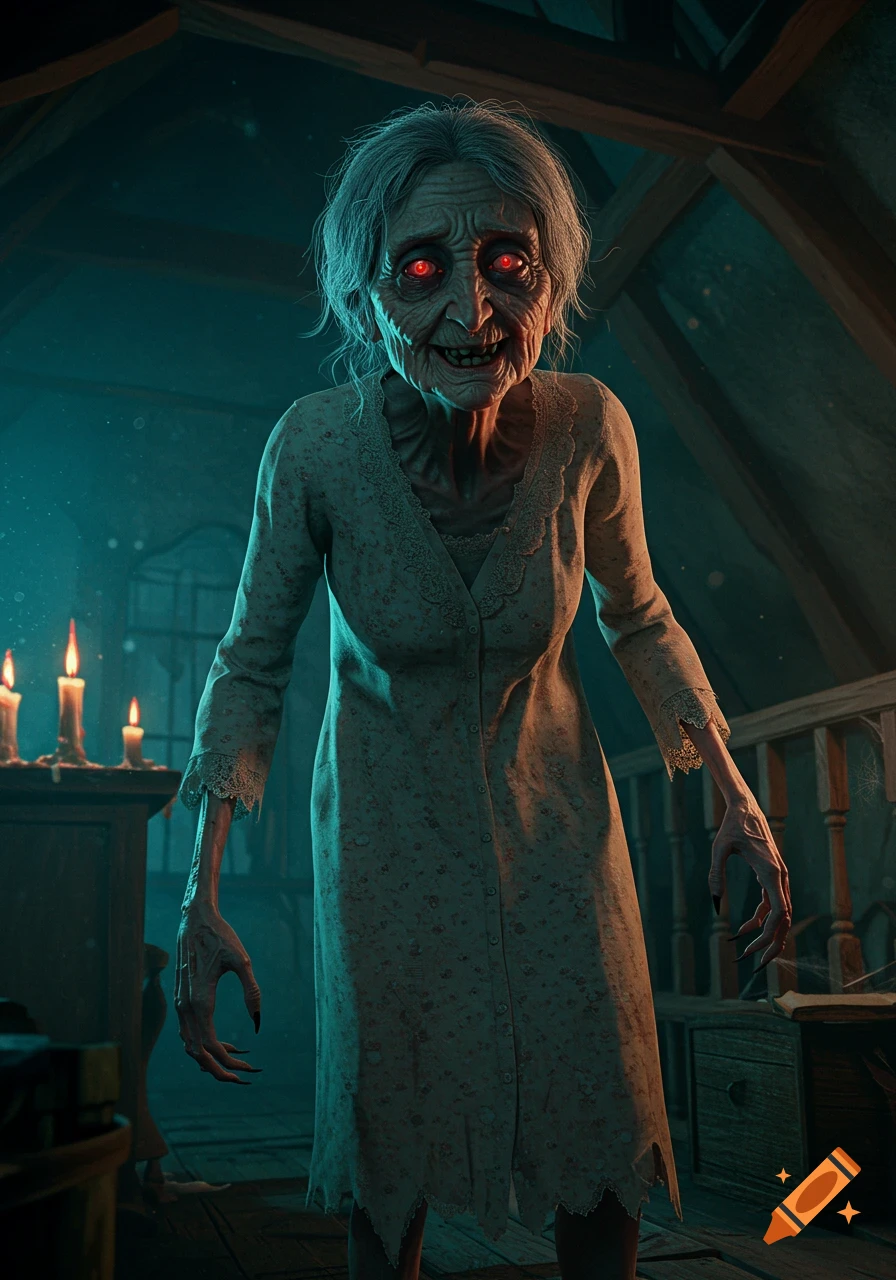 A terrifying old witch with glowing red eyes and jagged teeth in a tattered nightgown stands in a dimly lit, cobwebbed attic.