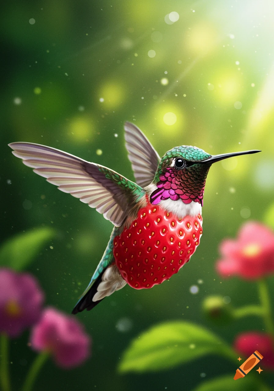 A colorful hummingbird with a vibrant red strawberry for its body flies in a bright, green, dreamlike garden.