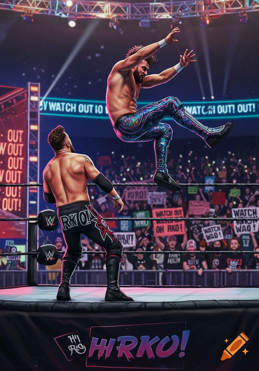 Two muscular wrestlers in a ring under bright stadium lights. One jumps towards the other, who stands with his back to the viewer.