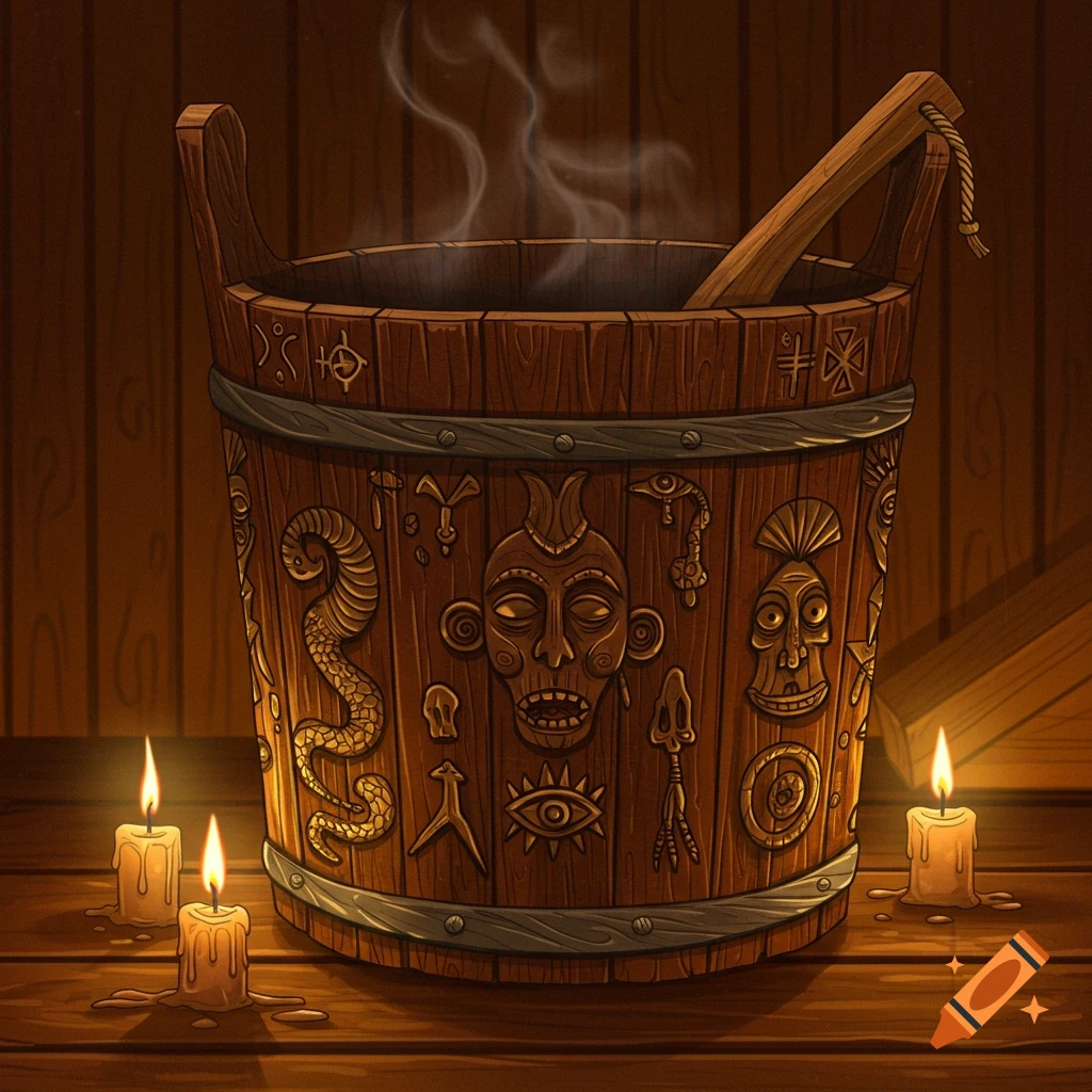 Wooden sauna bucket with voodoo-inspired carvings, steaming, with a ladle and lit candles on a wooden floor.