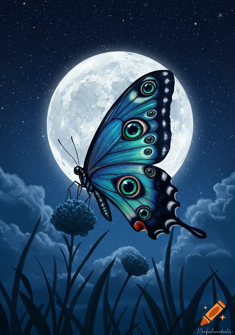 A blue butterfly with patterns resembling green eyes on its wings, perched on a plant in front of a large full moon in a starry night sky.