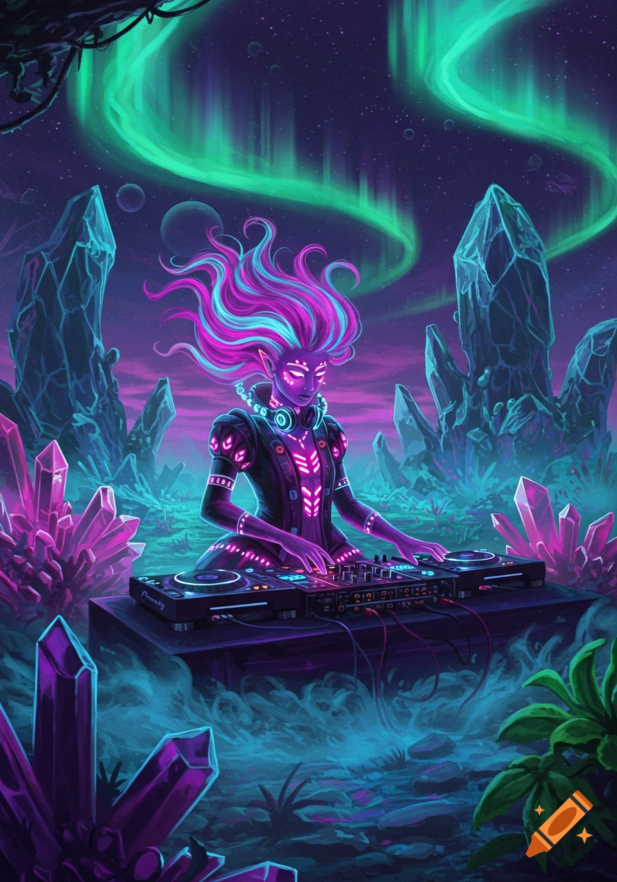 An elf-like DJ with glowing pink and blue hair plays on decks in a neon fantasy landscape with glowing crystals and aurora borealis.