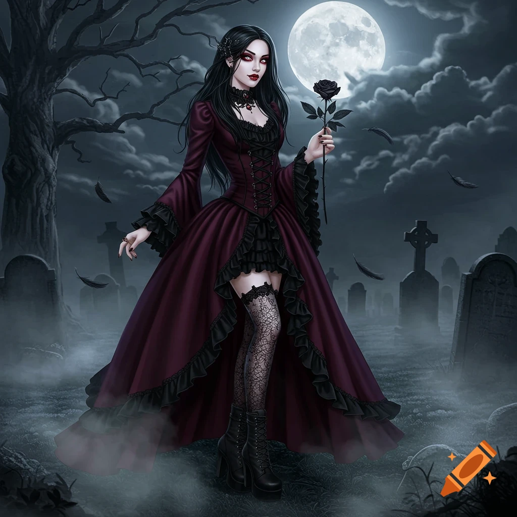A gothic woman in a dark red and black ruffled dress stands in a misty graveyard under a full moon, holding a black rose.