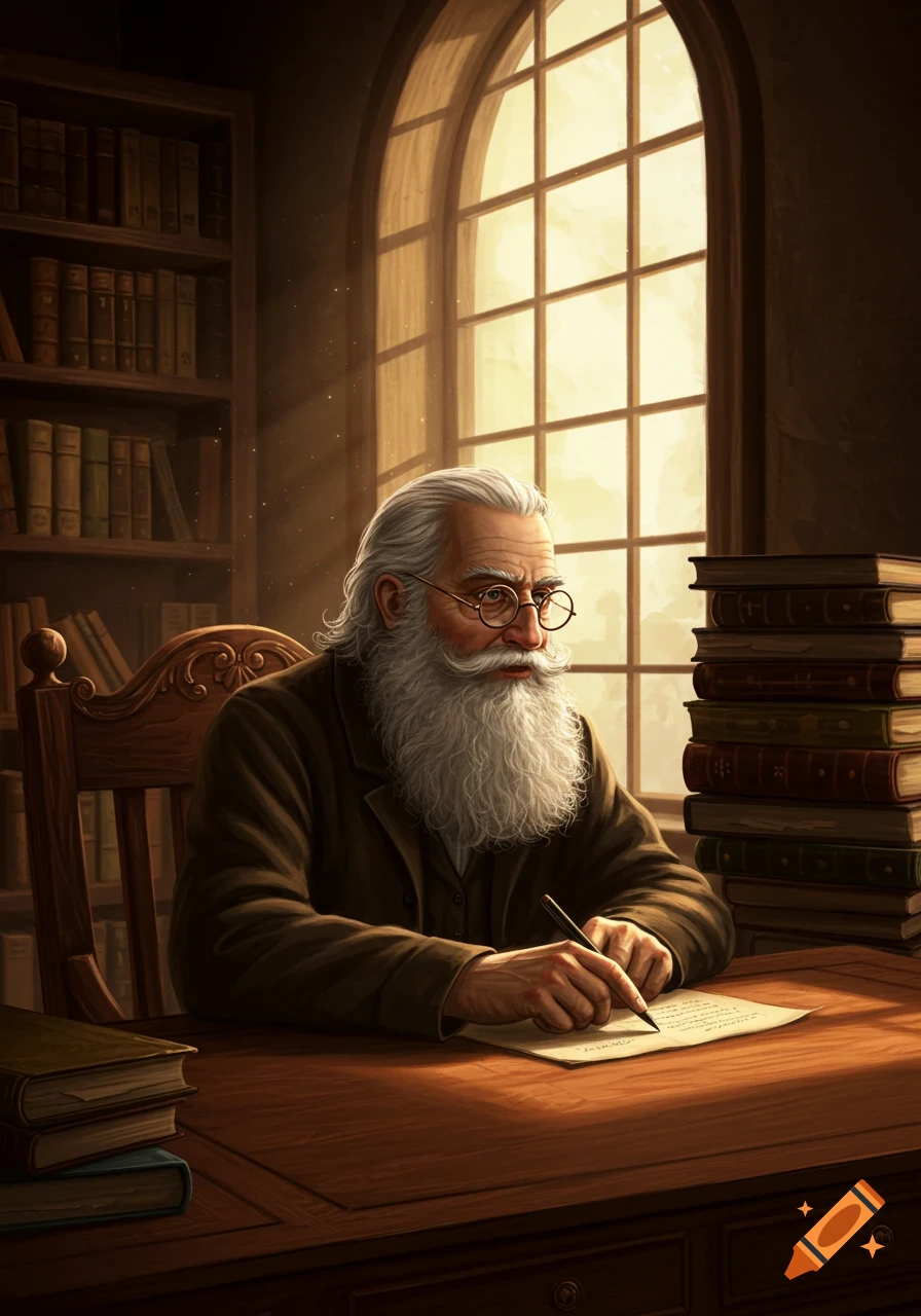 A bearded, bespectacled old man in a brown coat writes at a wooden desk in a sunlit library.