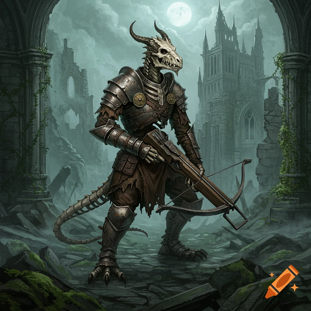 A skeletal dragonborn fighter in ornate armor holds a crossbow amidst crumbling gothic ruins under a full moon.
