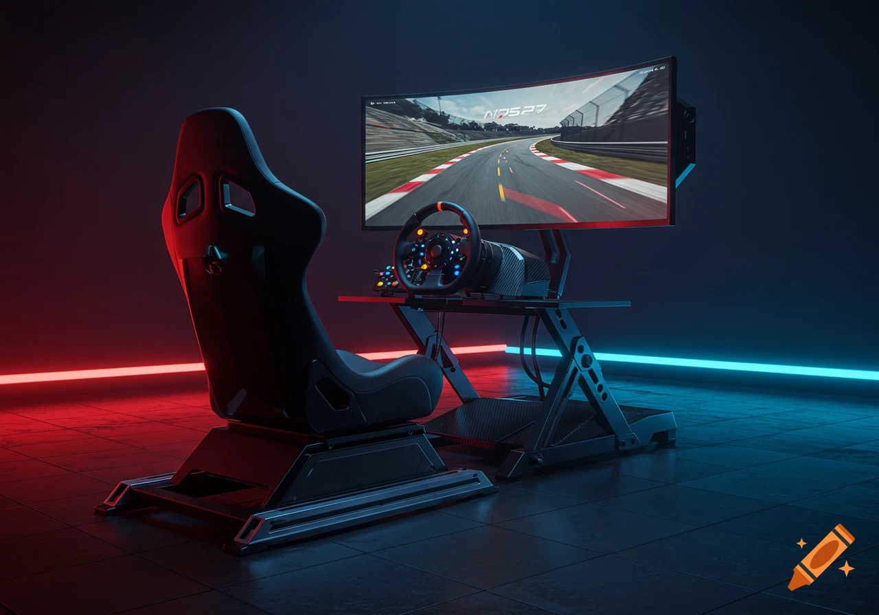 A detailed sim racing rig with a black racing seat, steering wheel, and curved monitor showing a race track, under neon lighting.