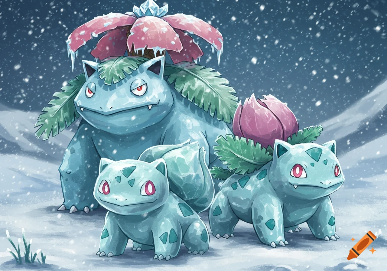 Ice-themed Venusaur, Ivysaur, and Bulbasaur stand in falling snow, styled like official Pokémon artwork.