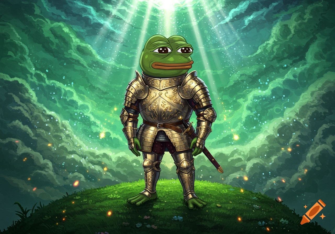 Pepe the frog in golden knight armor stands on a grassy hill under glowing green clouds and light rays. Fantasy illustration.
