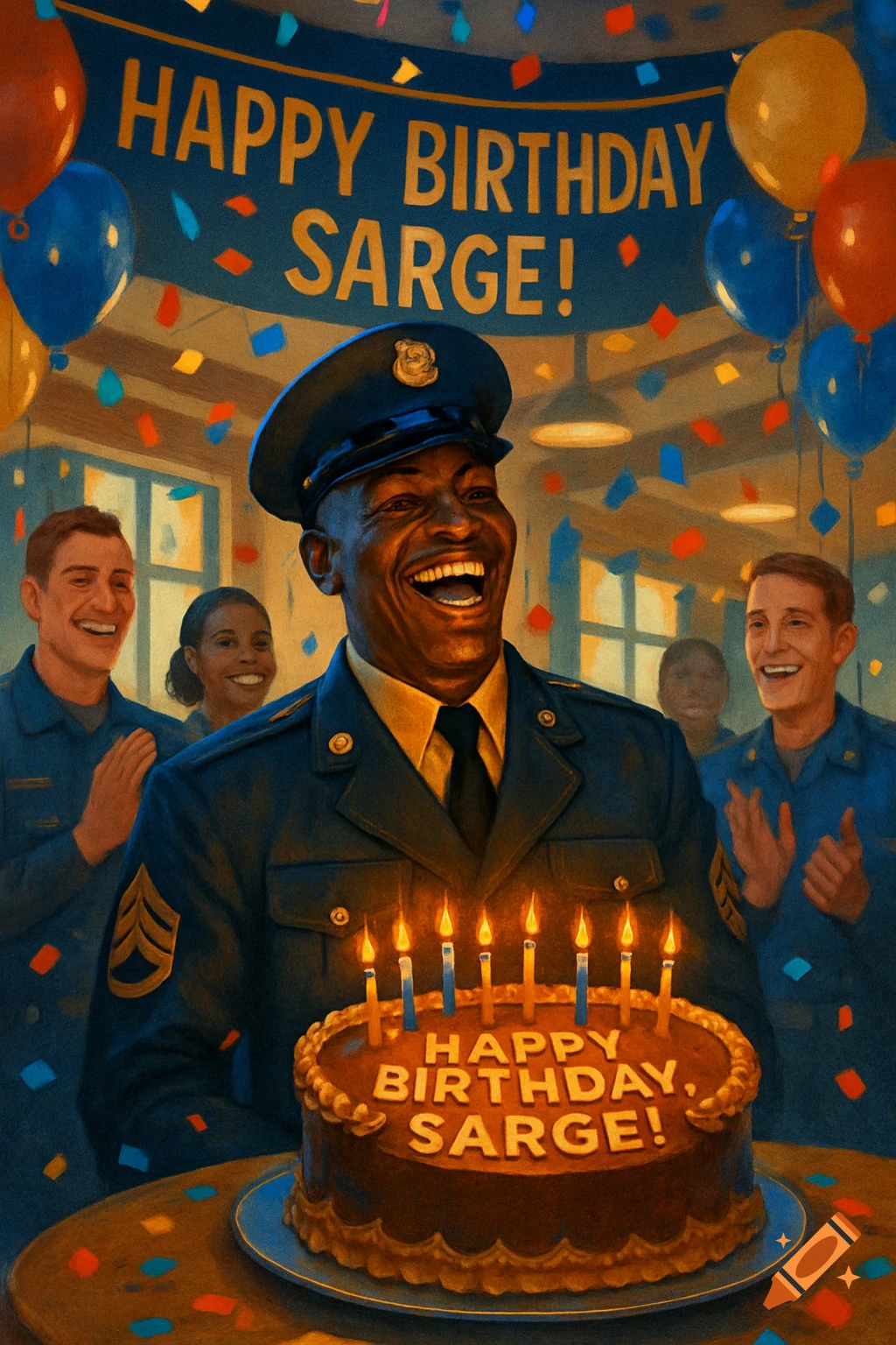 An illustration of a Black man in uniform celebrating his birthday with a cake, candles, balloons, and smiling friends.