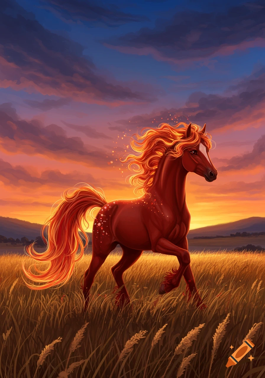 A stylized red horse with a fiery mane and tail trots through a golden field at sunset.