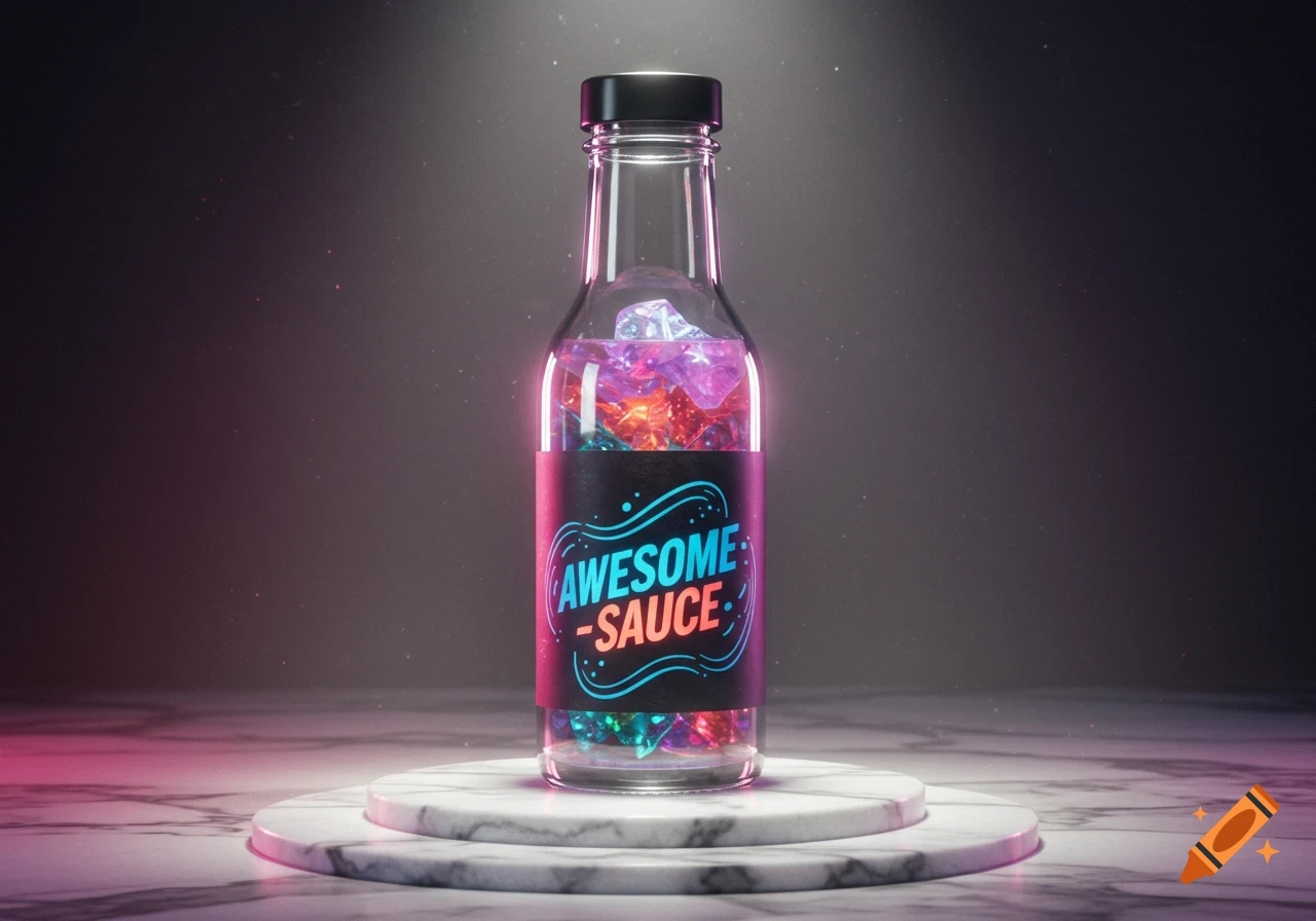 A bottle labeled 'AWESOME-SAUCE' filled with colorful, glowing crystal-like objects, standing on a marble pedestal with dramatic lighting.