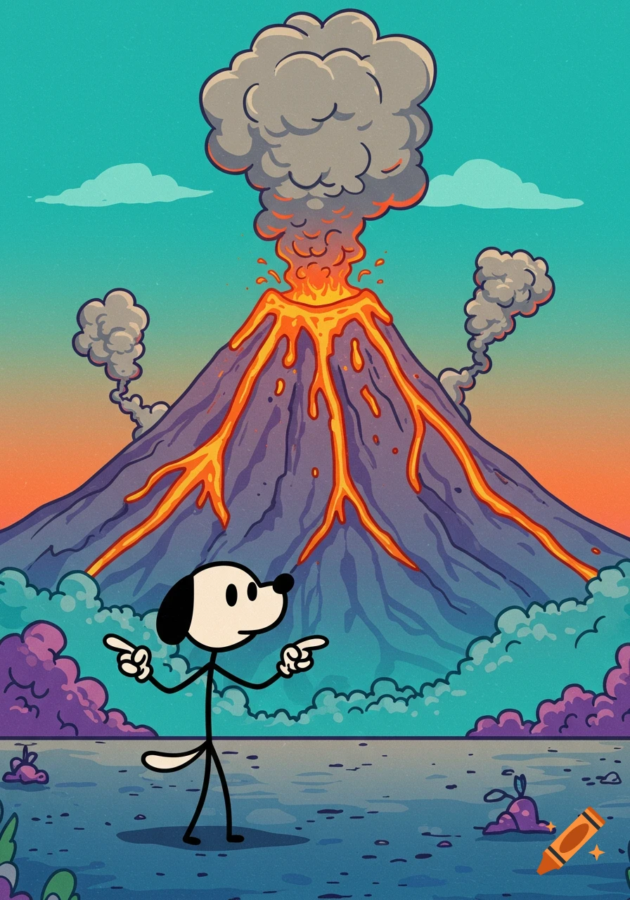 Cartoon stick figure dog with human hands points at an erupting volcano with lava, against a teal sky.