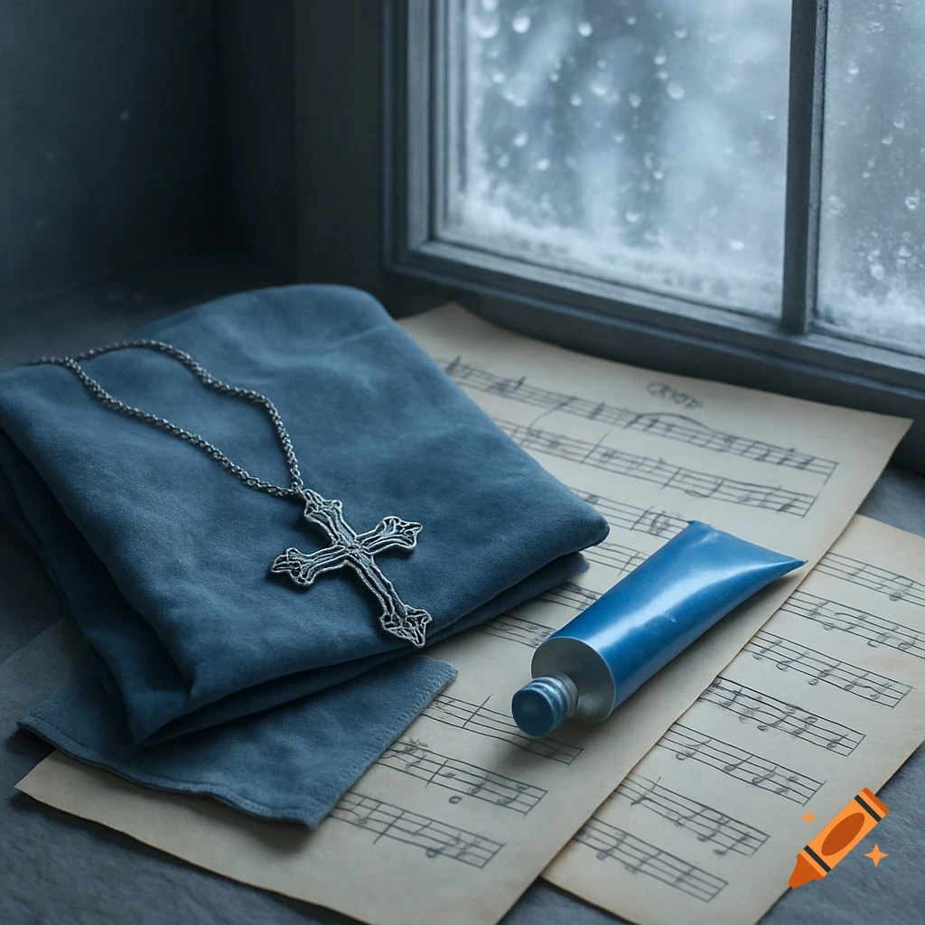 A still life photo featuring a silver cross necklace, a blue tube of paint, and sheet music on a table next to a window with snow falling outside.