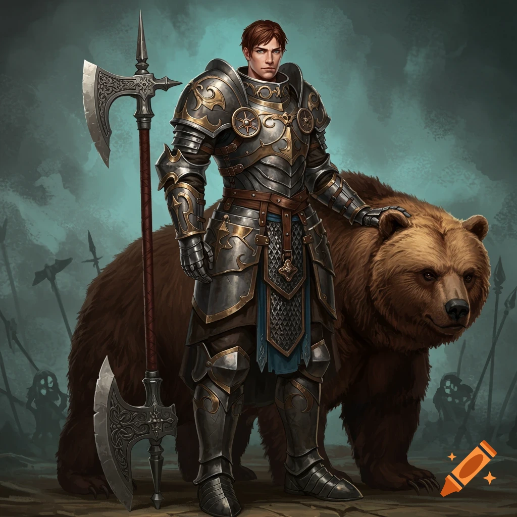A knight in ornate plate armor stands with a battle axe and a brown bear by his side in a fantasy art style.
